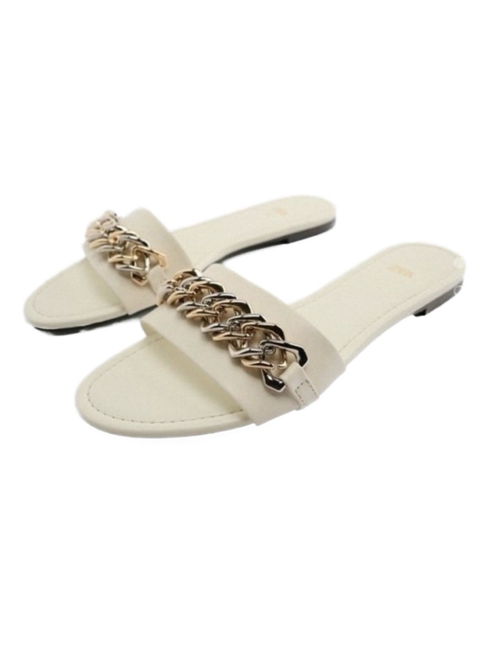 ZARA Flat Leather Slide Sandals with Gold/Silver Chain Size 40 NEW NWT - Picture 1 of 7